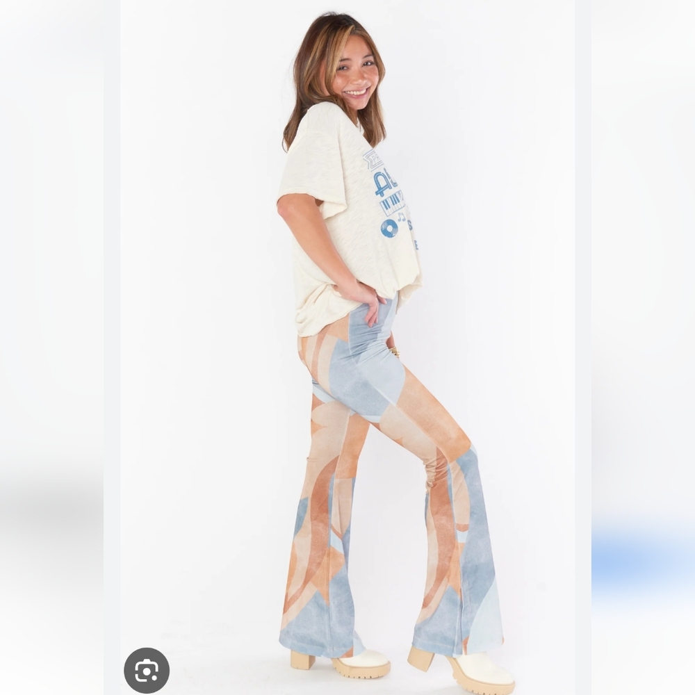 Show Me Your MUMU Stylish Blue/Tan Women's Bohemian flare leg pants, with a slit